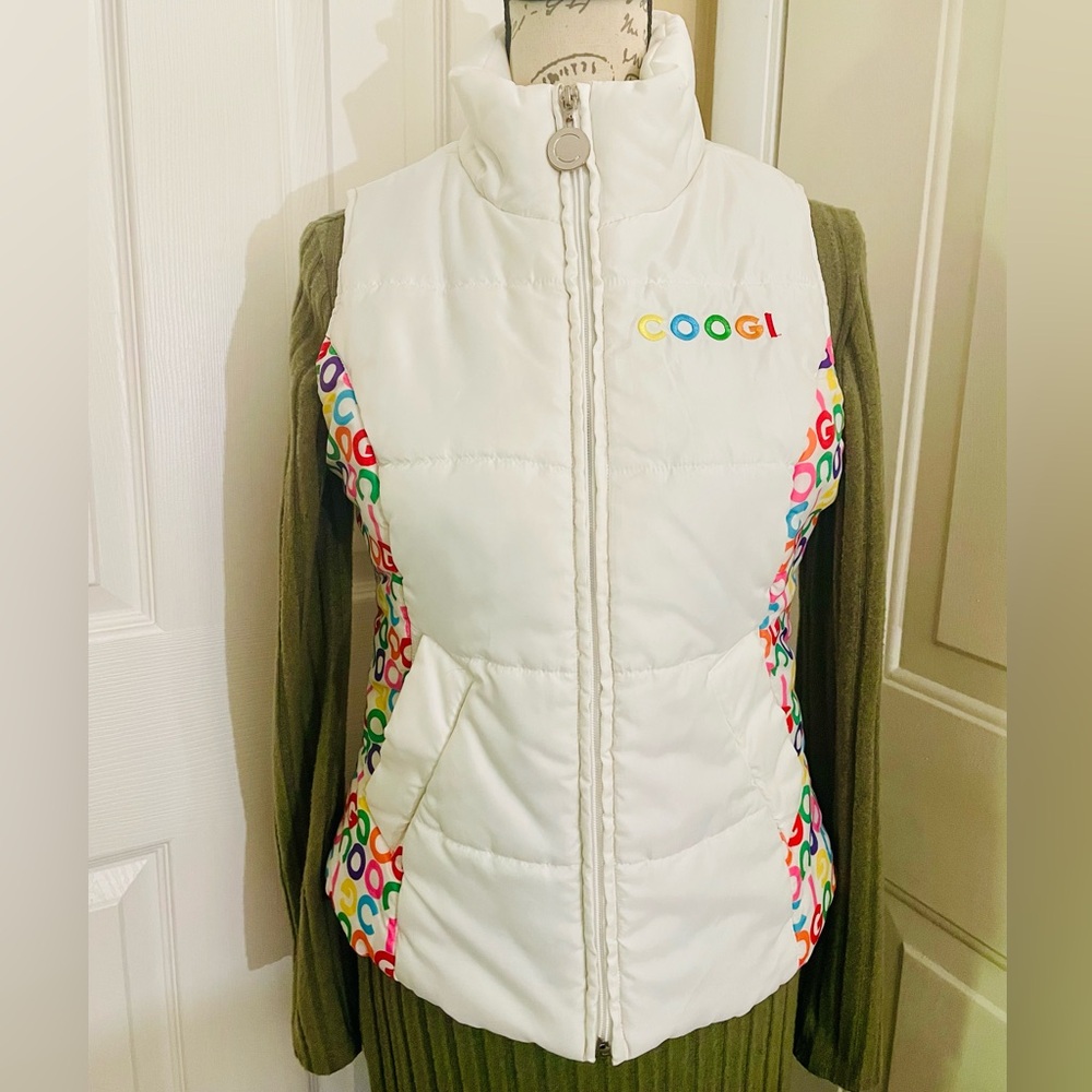 COOGI White Puffer Vest with Multicolor Logo Accents